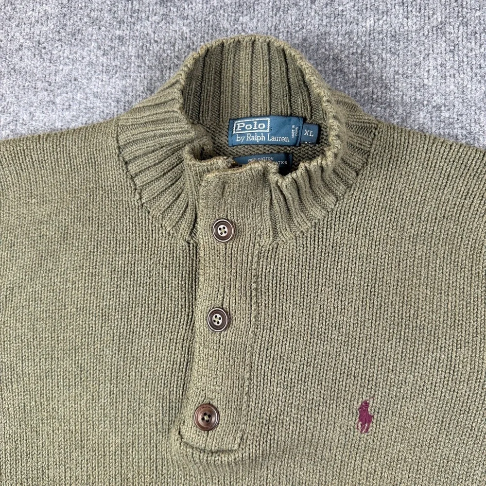 Vintage Polo Ralph Lauren Sweater Mens XL Green 1/4 Zip 4 Button Military Pony